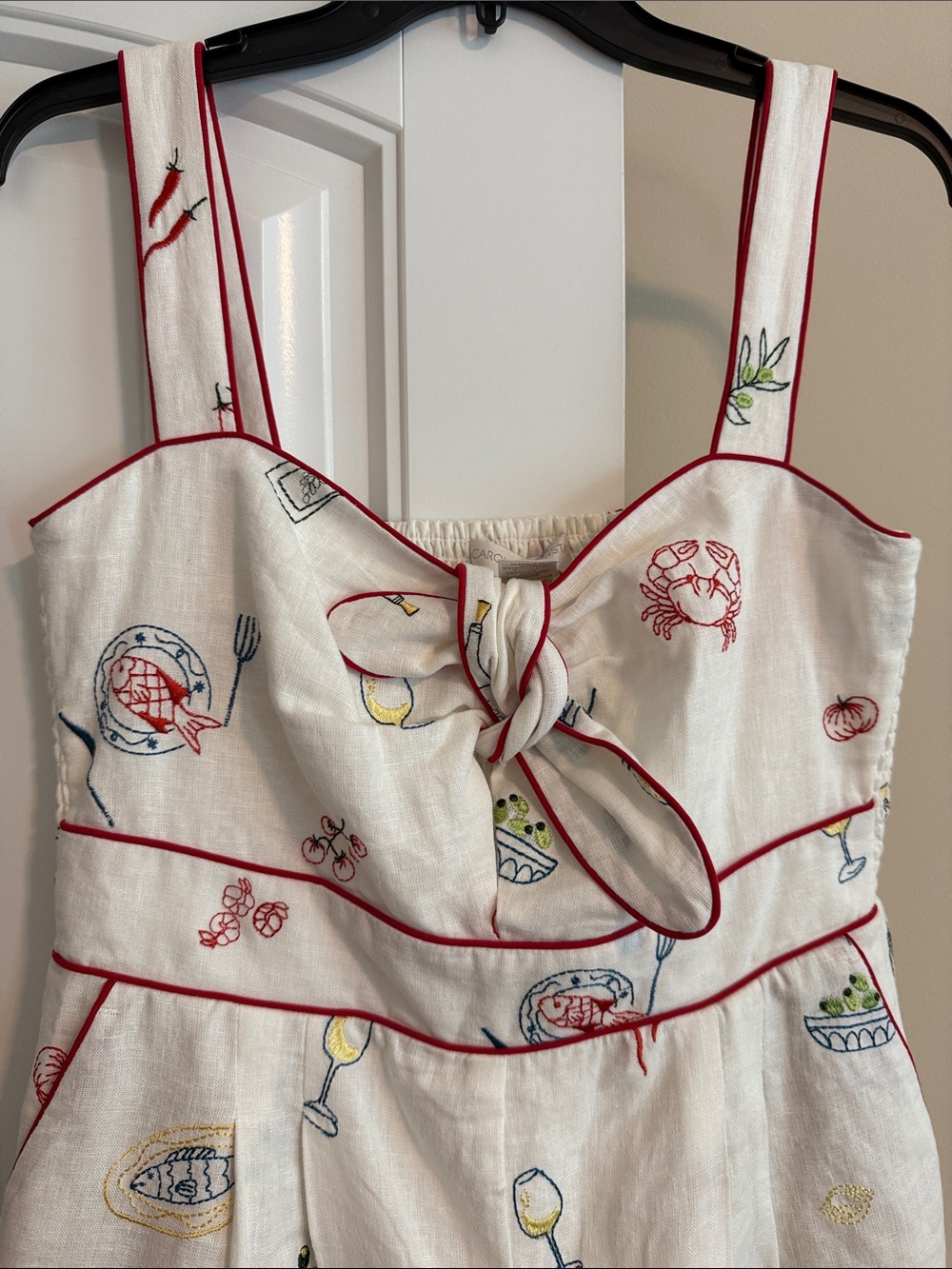 Caroline Constas Cream Linen Romper with Red Trim and Multicolor Embroidery - Picture 6 of 10